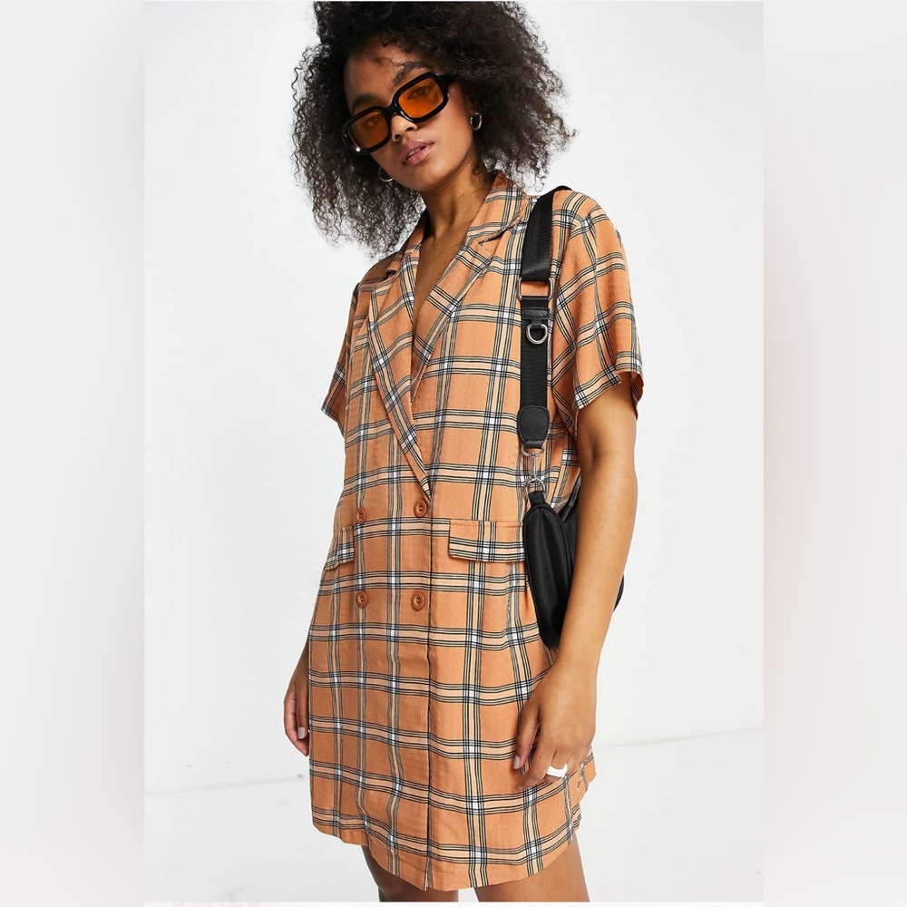 PLUS SIZE double breasted blazer dress in orange check. Lala May (ASOS).